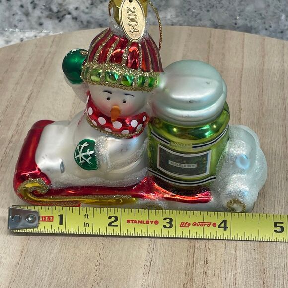 Christmas Blown Glass Style Ornament Snowman on Sled w/ Yankee Candle 2004 - Picture 7 of 8